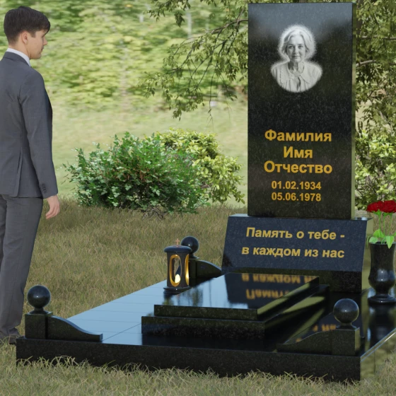 Вертикальный гранитный мемориал со строгими линиями и шарами, гранит Габбро-диабаз, вид 4