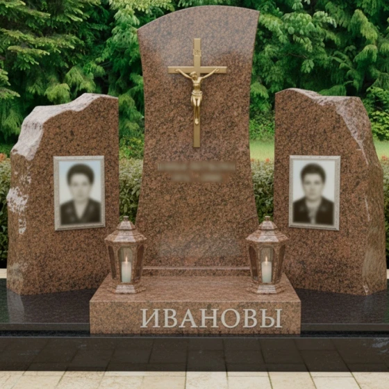 Православный гранитный памятник с крестом и глыбами, гранит Дымовский