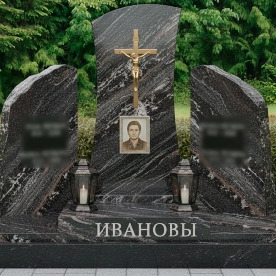 Православный гранитный памятник с крестом и глыбами, гранит амфиболит