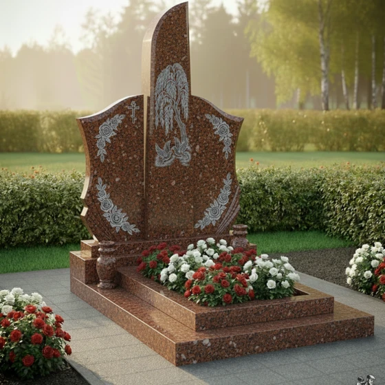 Мемориал с плакучей ивой и голубями, гранит Дымовский