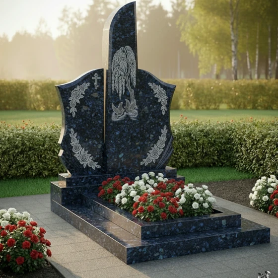 Мемориал с плакучей ивой и голубями, гранит Блю Перл