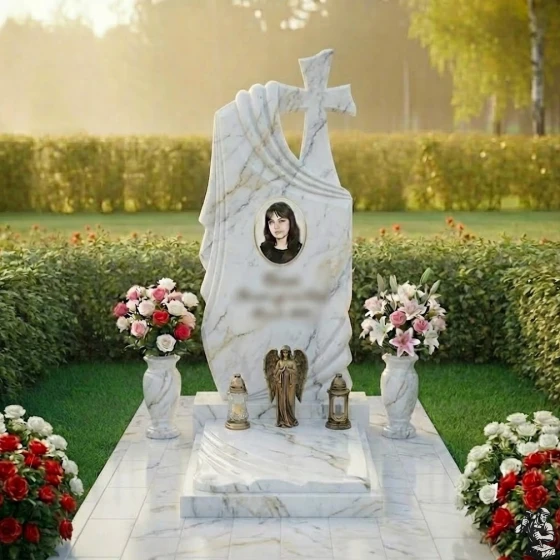 Элитный гранитный памятник с драпировкой, мрамор Тассос