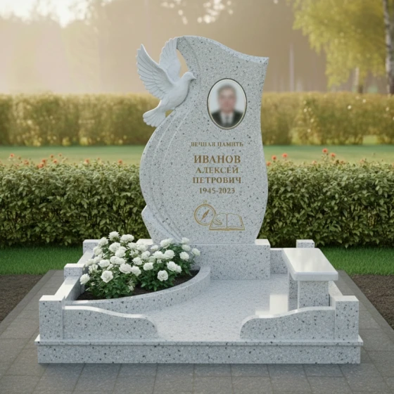 Памятник с барельефом голубя и встроенной скамьей, гранит Мансуровский