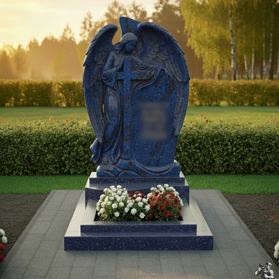 Мемориальная композиция с ангелом и крестом, гранит Блю Перл