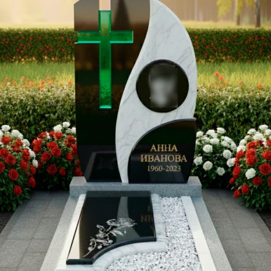 Комбинированный памятник с волной и крестом, гранит Габбро-диабаз