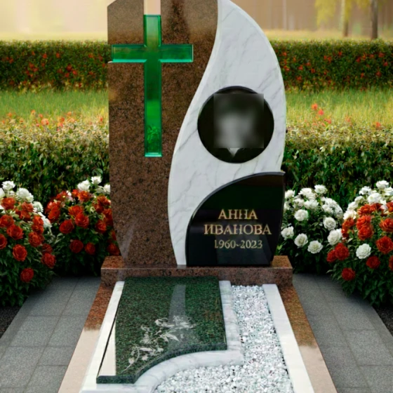 Комбинированный памятник с волной и крестом, гранит Дымовский