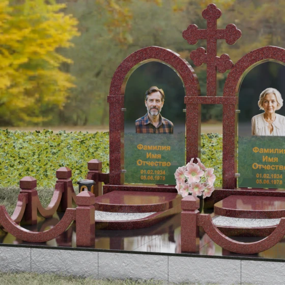 Комбинированный памятник с крестом и арками, гранит Лезниковский, вид 4