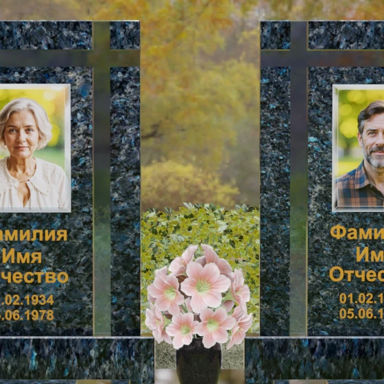 Вертикальный гранитный памятник с крестом и сферами, гранит Блю Перл