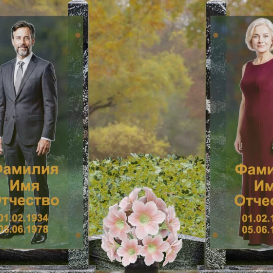 Вертикальный памятник из гранита со стеклянными панелями, гранит амфиболит