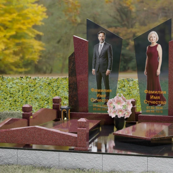 Вертикальный памятник с асимметричным срезом и "крыльями", гранит Лезниковский, вид 4