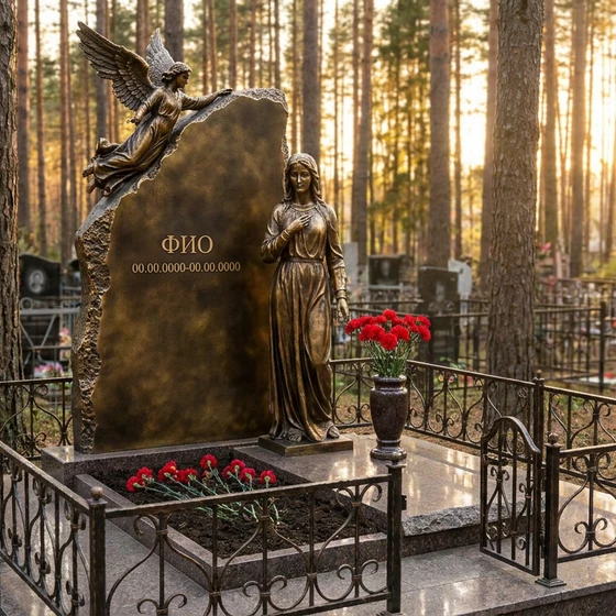 Бронзовый памятник с резной фигурой в полный рост с ангелом