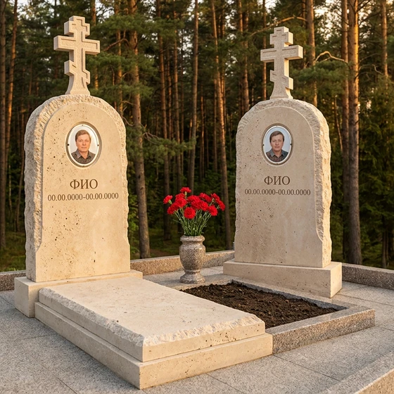 Памятник из светлого известняка с арочным верхом с крестом на двоих