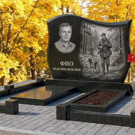 Гранитный памятник охотнику в форме арки с уткой в полёте