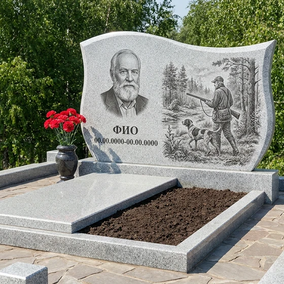 Гранитный памятник охотнику с аркой с лесной чащей