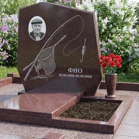 Гранитный памятник рыбаку с фактурой скалы с поплавком