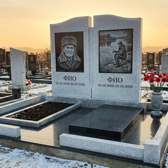 Гранитный памятник рыбаку с аркой с речным сюжетом
