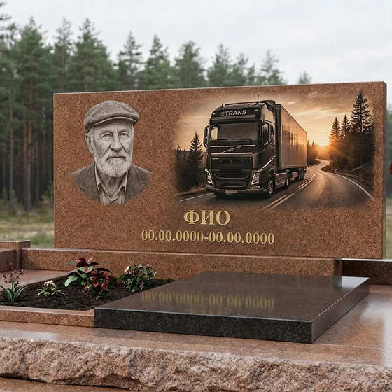 Гранитный памятник дальнобойщику с дорожным сюжетом