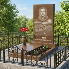 Гранитный памятник дальнобойщику из цельной глыбы с дорожным сюжетом