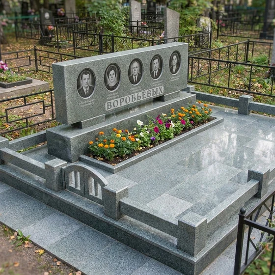 Семейный мемориал на пять человек из серо-зелёного гранита