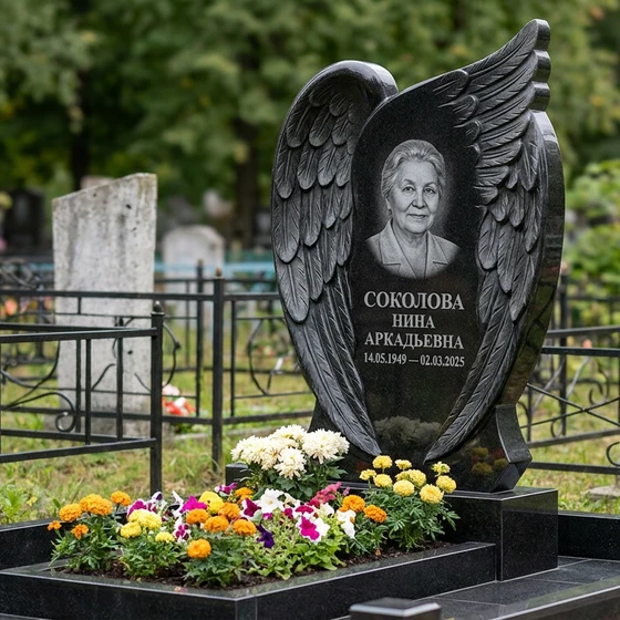 Мемориал с крылом ангела из черного габбро-диабаза