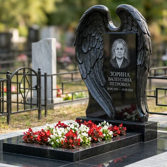 Мемориал с крылом ангела из черного габбро-диабаза с глубокой фрезеровкой