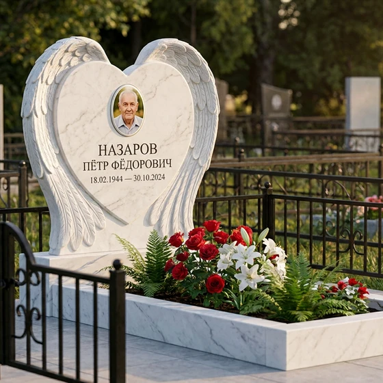 Мемориал с крылом ангела из белого мрамора