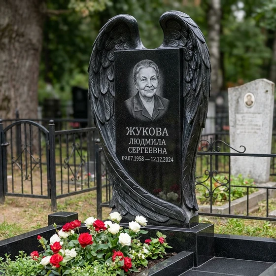 Памятник с крылом ангела из черного габбро-диабаза
