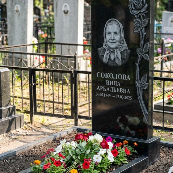 Мемориал с розой из черного габбро-диабаза