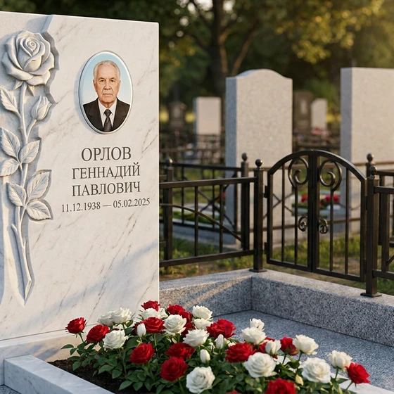 Стела с розой из белого мрамора с портретом