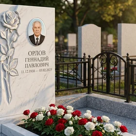 Стела с розой из белого мрамора с портретом