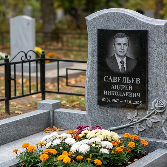Мемориал с розой на стеле из мансуровского гранита