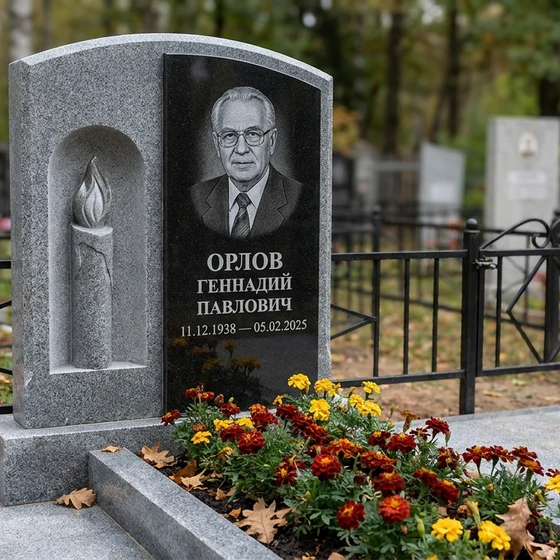 Мемориал с пламенем свечи из мансуровского гранита