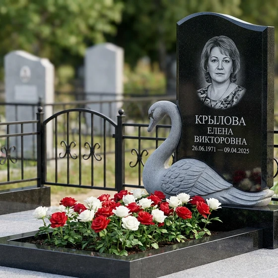 Памятник с лебедем из черного габбро-диабаза