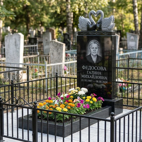 Мемориал с лебедями из чёрного габбро-диабаза