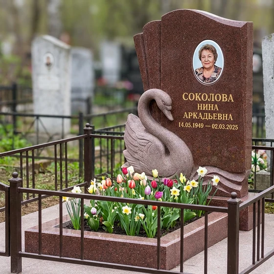 Мемориал с лебедем из красного гранита Лезниковского