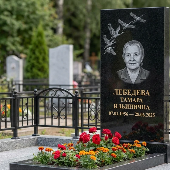 Мемориал с журавлиным клином из черного габбро-диабаза