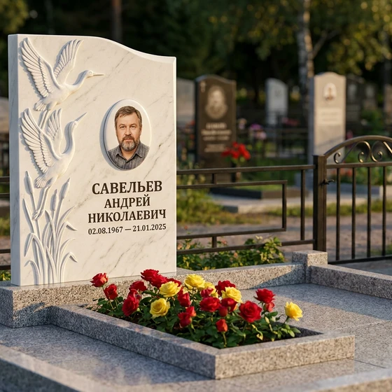 Мемориал с журавлями из белого мрамора с портретом