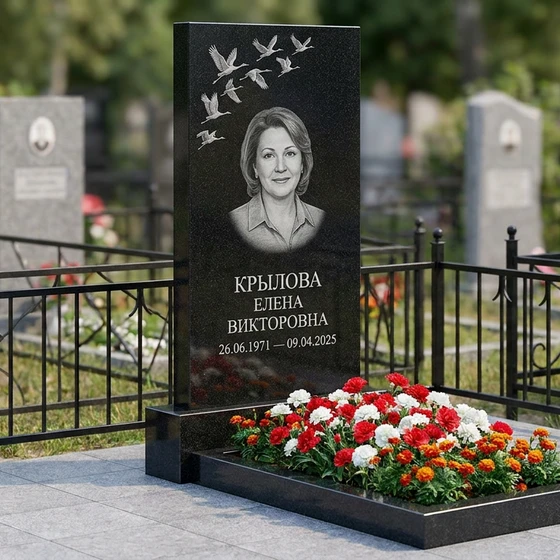 Памятник с клином журавлей из черного габбро-диабаза
