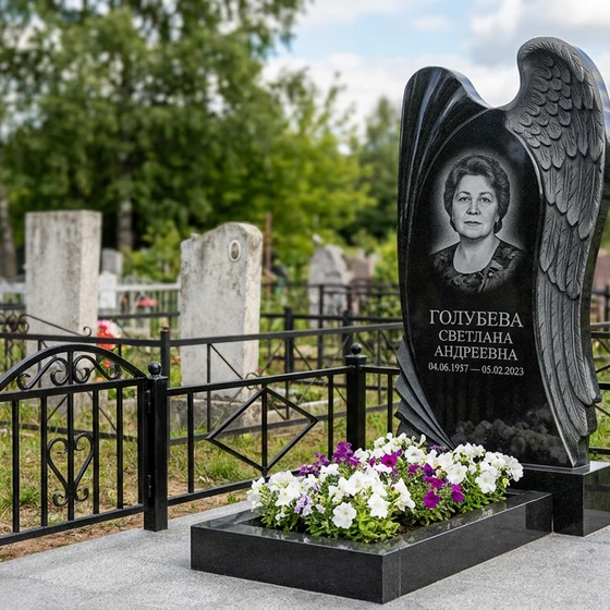 Памятник с крылом ангела из черного габбро-диабаза с портретом