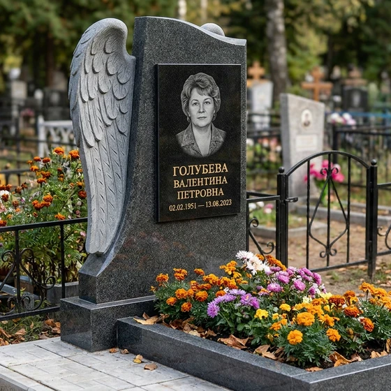 Памятник с крылом ангела из мансуровского гранита