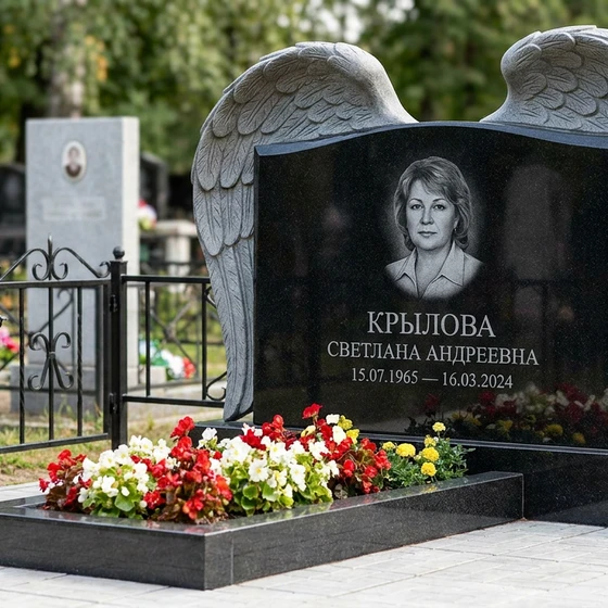Памятник с парящими крыльями из черного габбро-диабаза