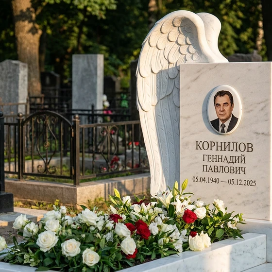 Памятник с обнимающим крылом ангела из белого мрамора