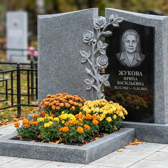 Памятник с розой на двух плитах из мансуровского гранита