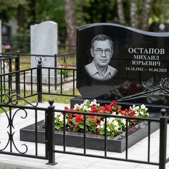 Памятник с розой из черного габбро-диабаза с волнообразным верхом