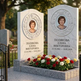 Памятник с розой в медальоне из белого мрамора
