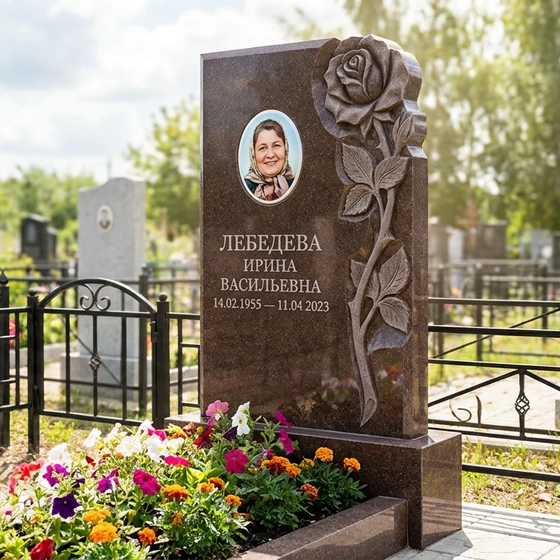 Памятник с розой из дымовского гранита с фотопортретом