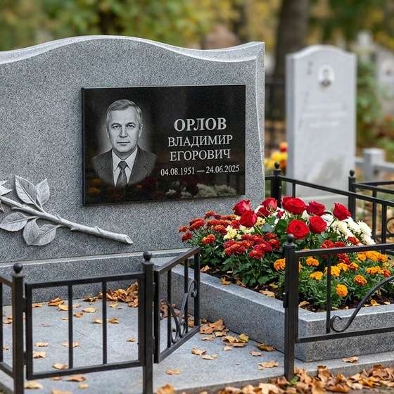Памятник с розой из мансуровского гранита с волнообразным верхом