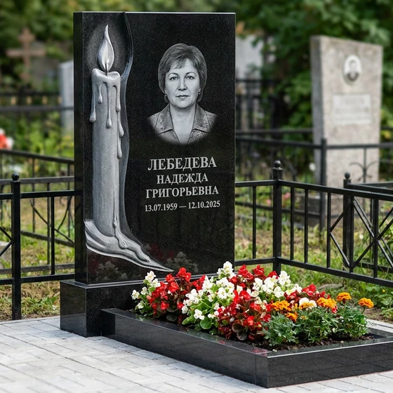 Памятник с горящей свечой из черного габбро-диабаза с восковыми подтеками