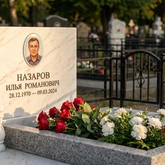 Мраморный памятник с тремя свечами и портретом