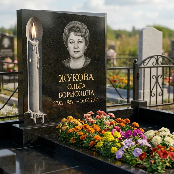 Памятник с горящей свечой из черного габбро-диабаза